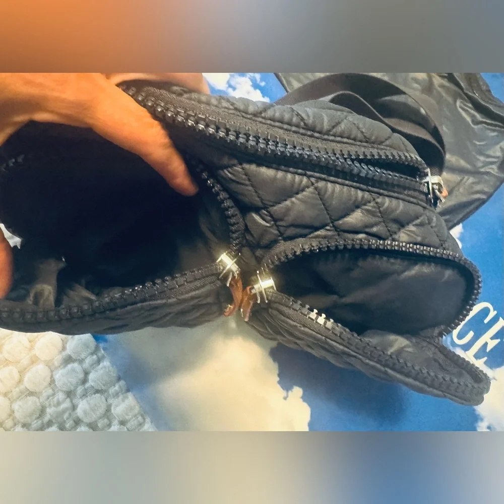 MZ Wallace Black Quilted Nylon Crossbody Bag with Brown Leather Accents